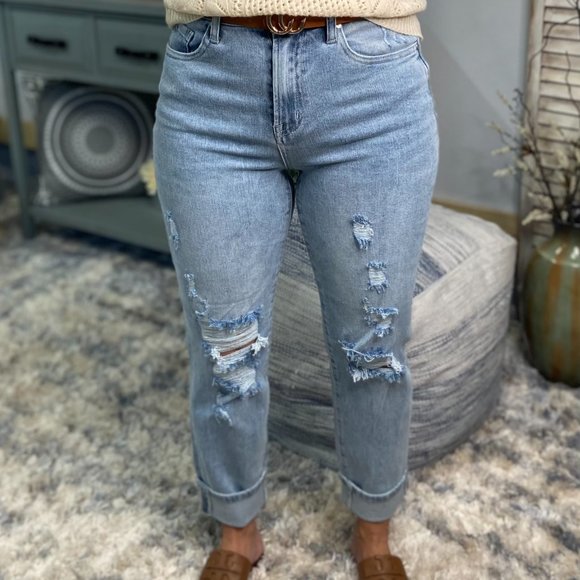 Risen High Rise Boyfriend Distressed Straight Stretch Jeans Light 2422 - Picture 4 of 13